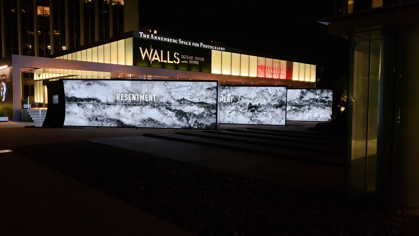 Annenberg large light boxes displaying black and white graphics made of aluminum and acrylic