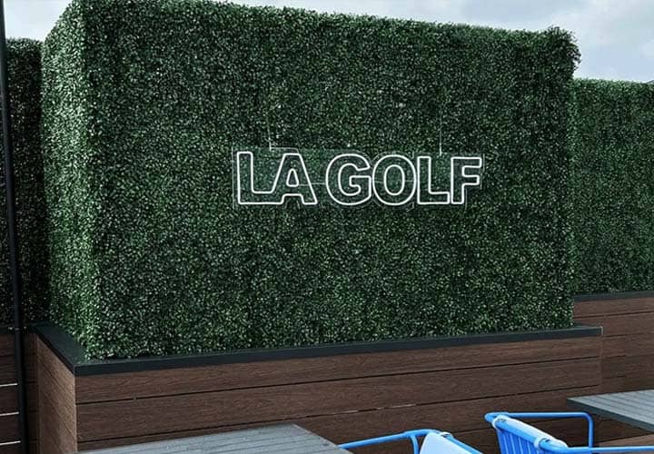 LA Golf corporate event sign in a hanging style made of acrylic for branding