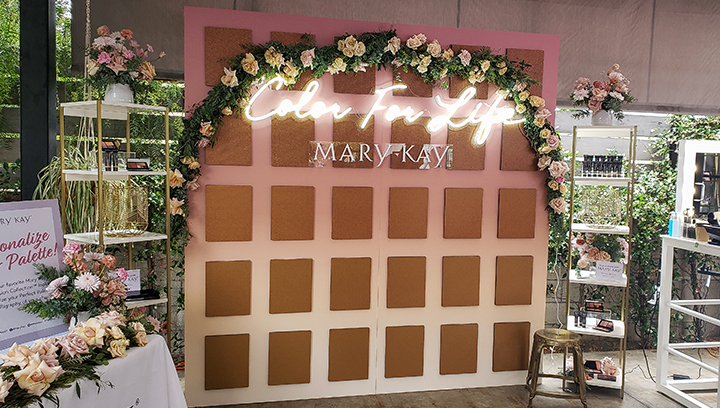 Mary Key product launch event sign with a custom stand, brand name and slogan made of acrylic.