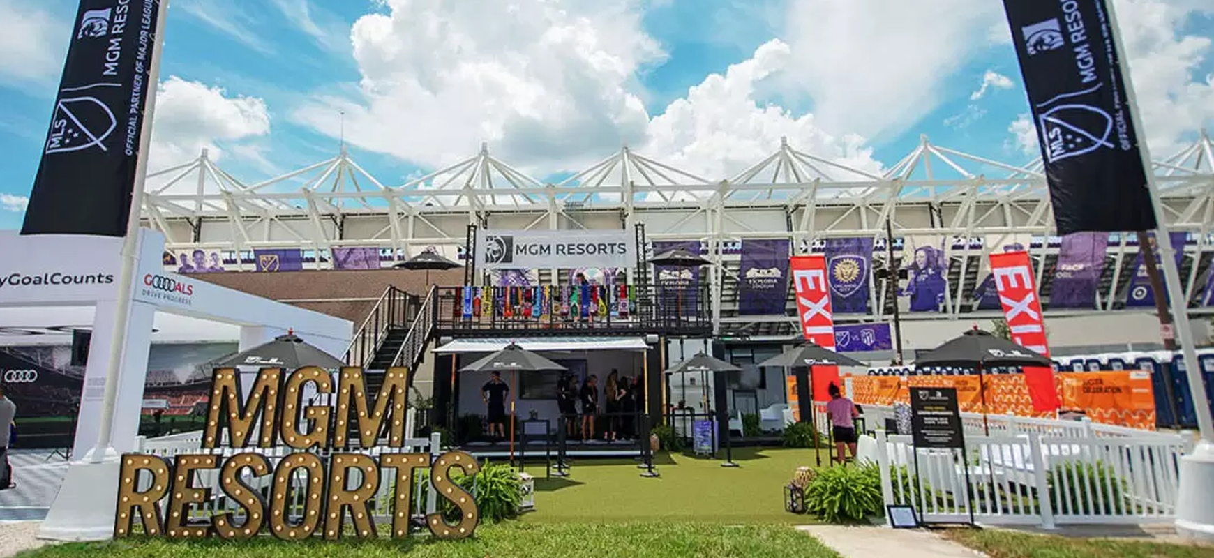 MGM Resorts illuminated event sign with marquee-style brand name letters made of aluminum