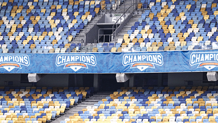 Champions League stadium field banners in blue for the arena branding