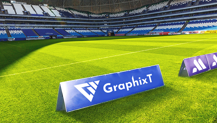 GraphixT stadium a-frame signage in blue displaying the brand name and logo