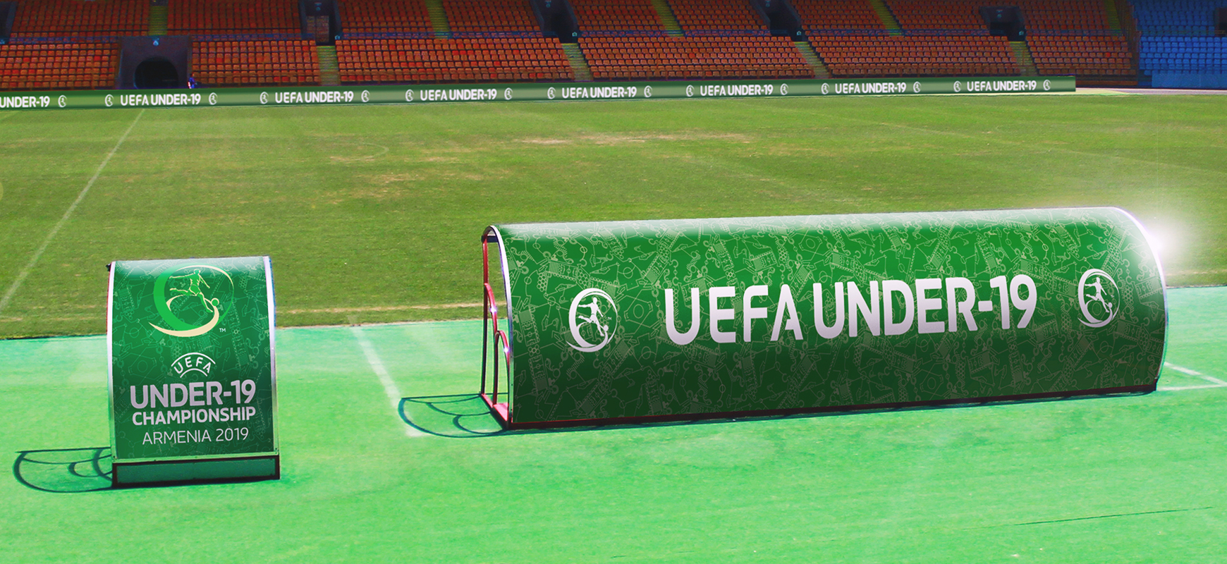 UEFA arena signs displaying the championship name and logo made of vinyl