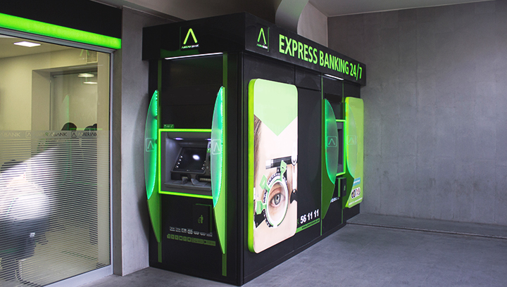 Ameriabank atm signs and wraps displaying branded graphics made of acrylic and aluminum