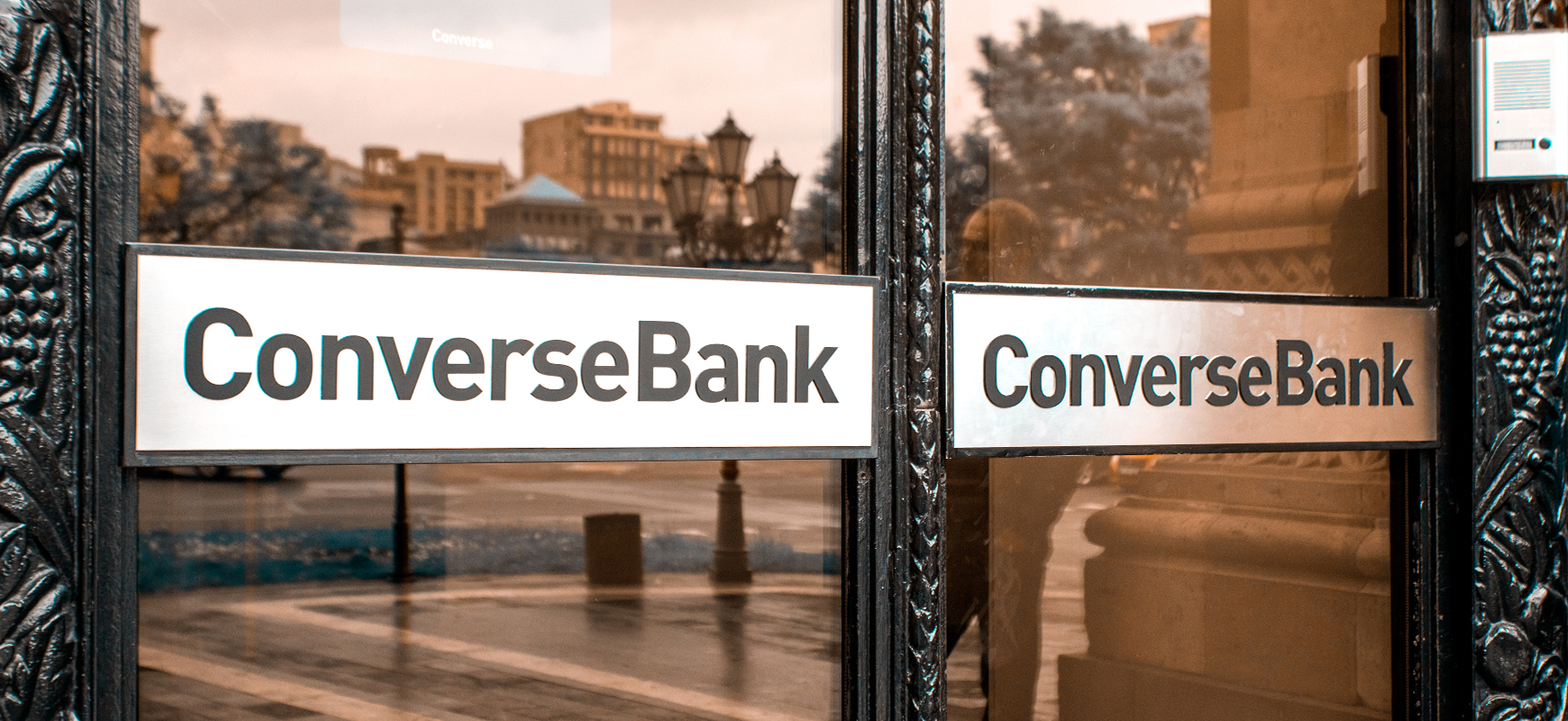 Converse Bank signage displaying the brand name made of aluminum