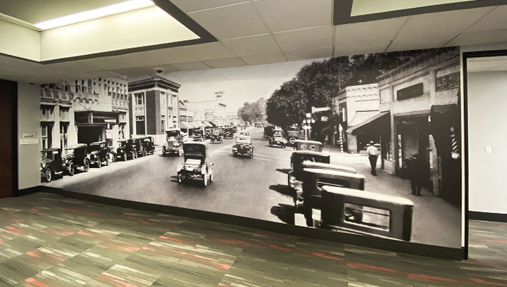 retro-style bank graphics made of opaque vinyl for office wall decorating