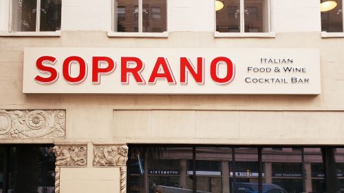Soprano illuminated 3d sign made of aluminum and acrylic for restaurant outdoor branding
