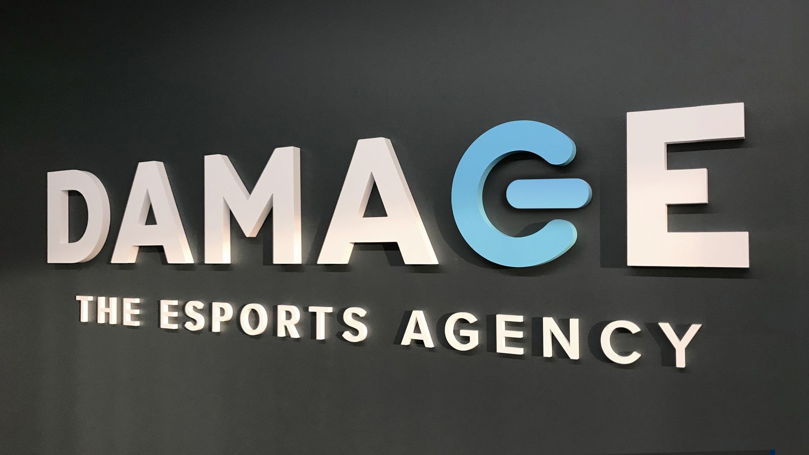 Damage - The Esports Agency 3d office sign letters displaying the company name made of acrylic