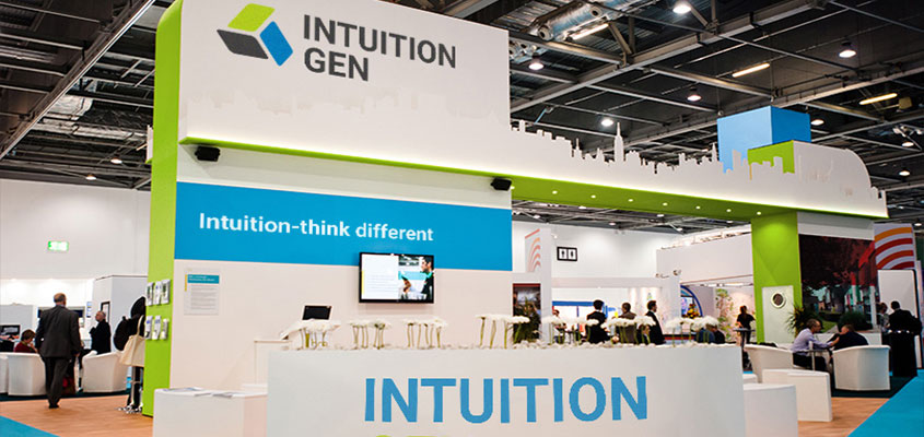 Intuition Gen trade show booth design concept with bold graphics