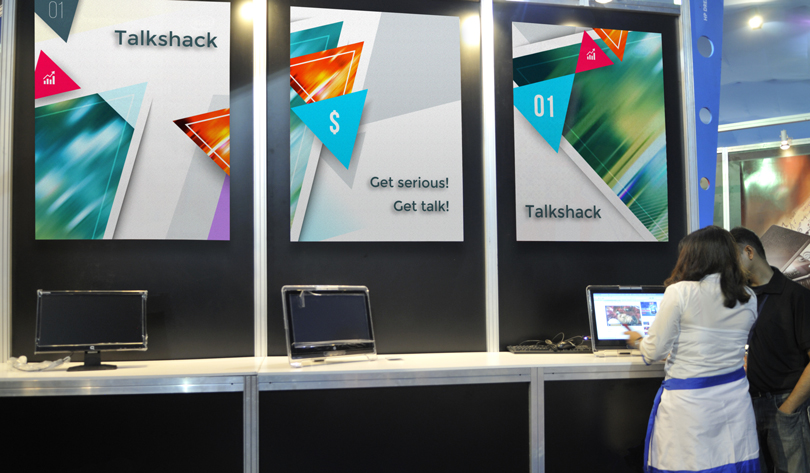 Talkshack trade show booth posters Talkshack trade show booth design example with posters