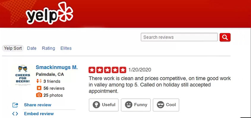 Frontsign's Yelp 5 star review among companies that make business signs