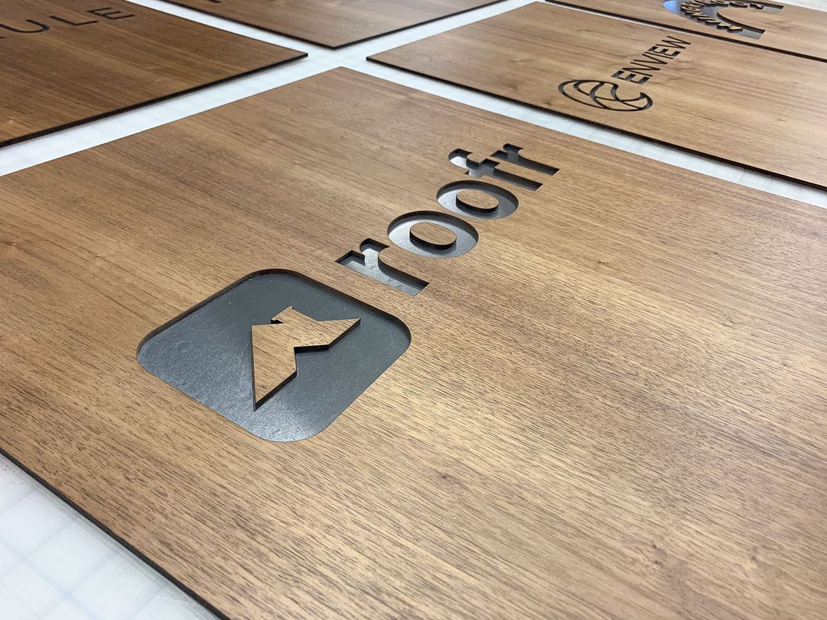 Roofr engraved wooden sign