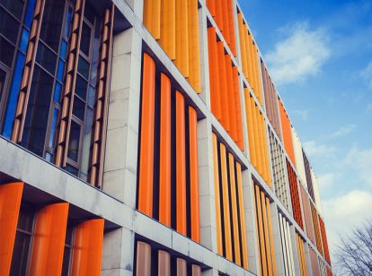 RIGA, LATVIA-JANUARY-2019: modern exterior of a colorful office building in Riga, Latvia bank exterior design with aluminum structures