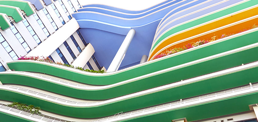 Colorful building layers for bank exterior design