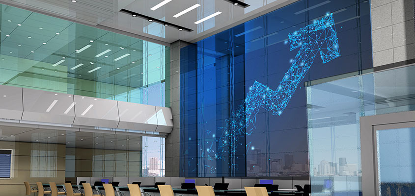 Contemporary bank interior design with digital screen