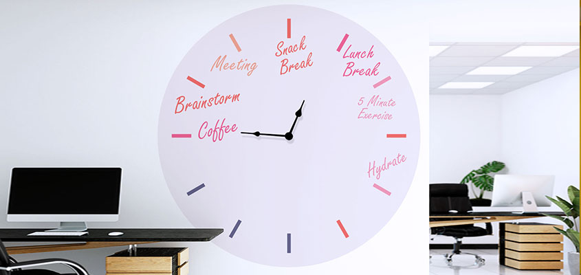 Office interior wall design idea displaying an agenda clock