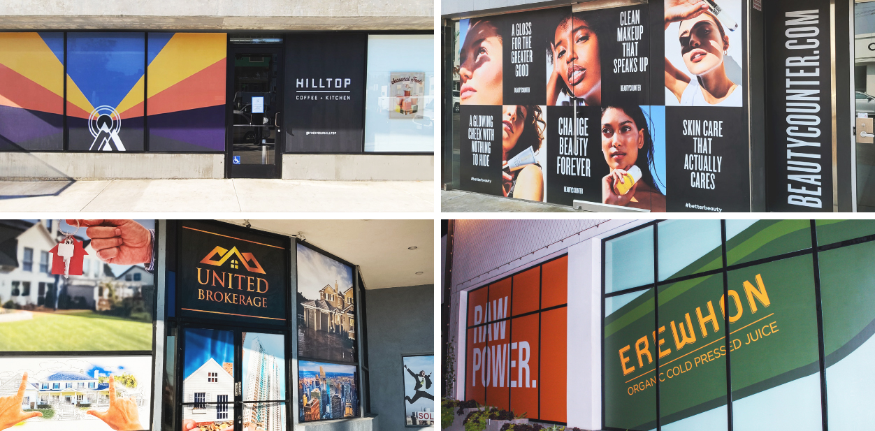 Business sign ideas with branded graphics displayed on building windows