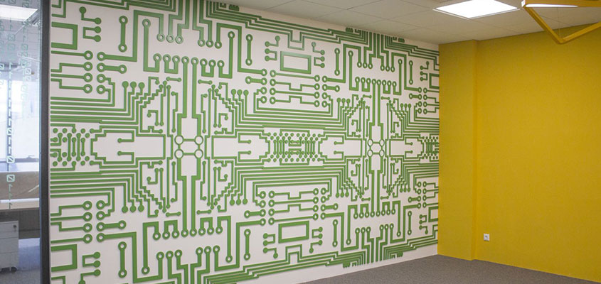 Chip style wall design idea with core elements for office interior space 