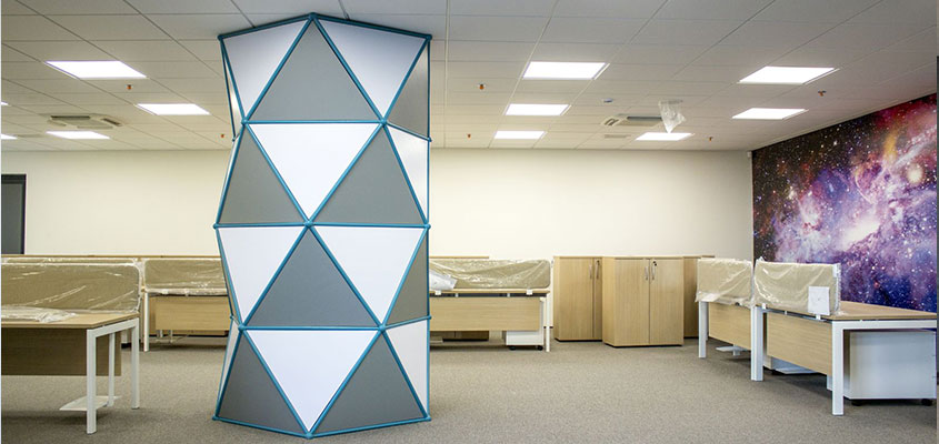 Custom office space design idea with geometric architectural structure