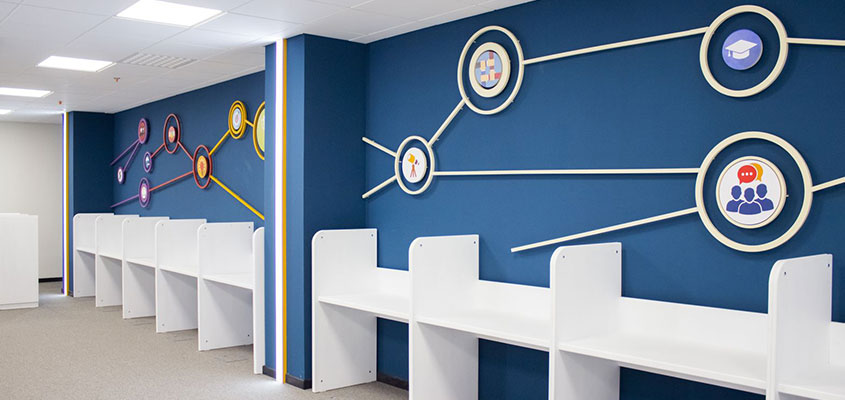 Custom office wall design with blue background