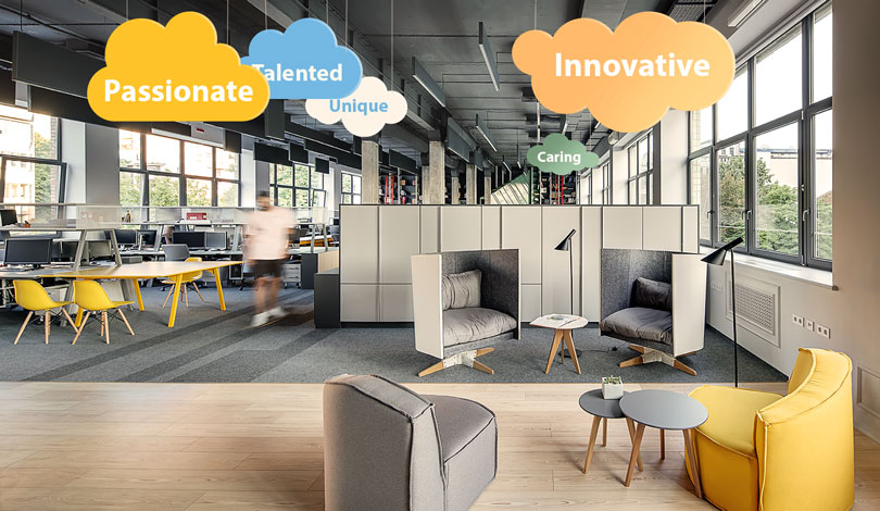 office space design idea with colorful messages