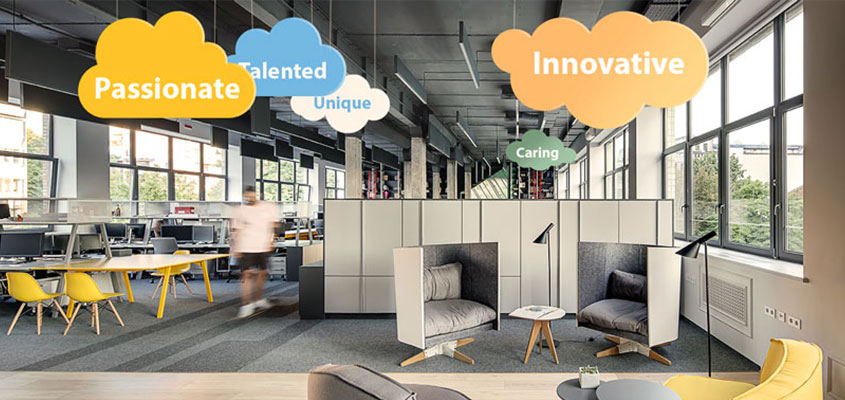 Office interior design idea with colorful hanging structures displaying motivational phrases