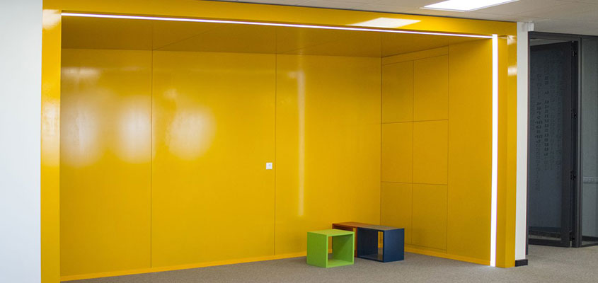 Yellow painted office interior corridor design idea 