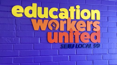 Education Workers United custom 3d sign painted in bright colors made of acrylic for branding