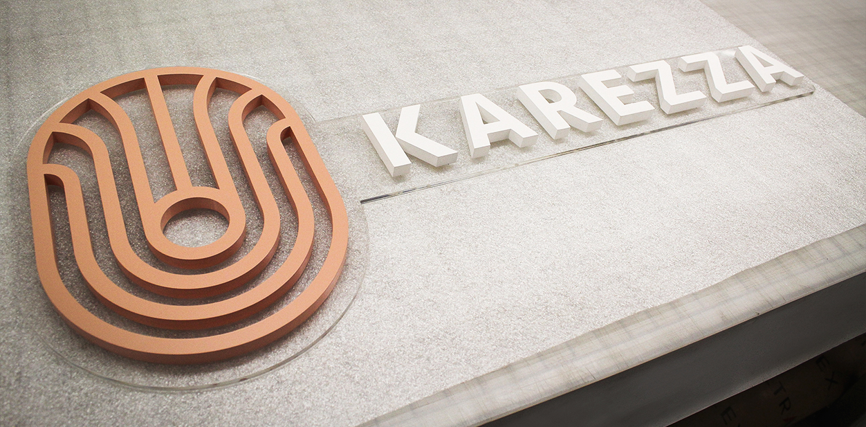 Karezza name board example for laser cut projects displaying brand name and logo