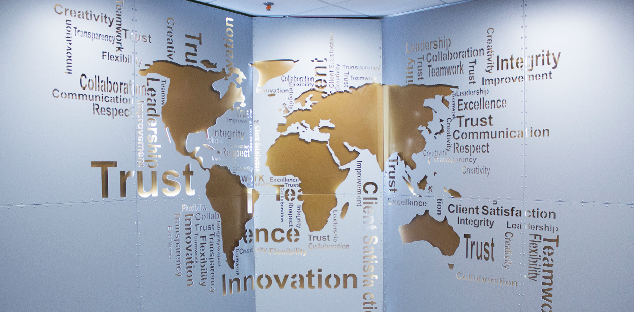 Great laser engraving idea displaying the world map on the office wall