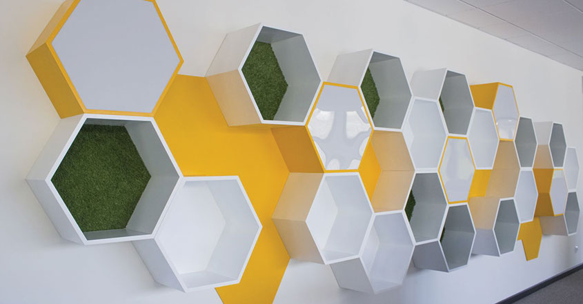 Restaurant entry area design idea with custom hexagon structures