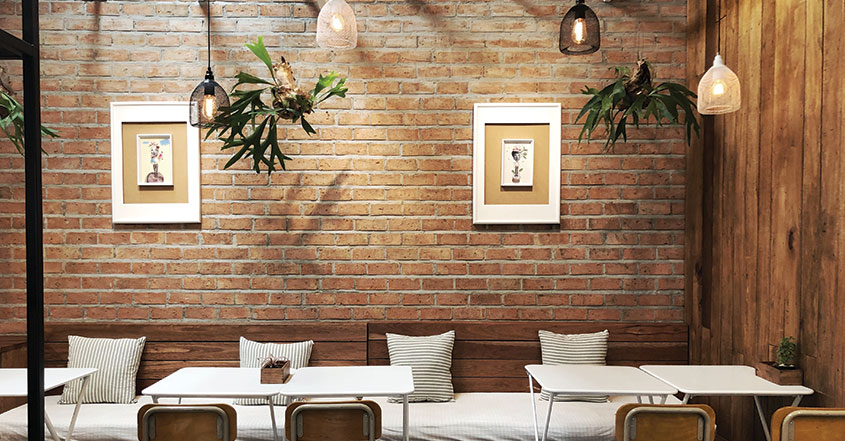 Restaurant wall design inspiration with a brick wallpaper
