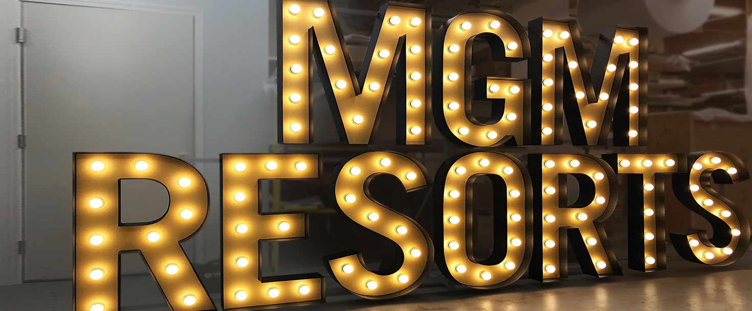 MGM Resorts marquee letters in a free standing style showcasing the brand name made of aluminum