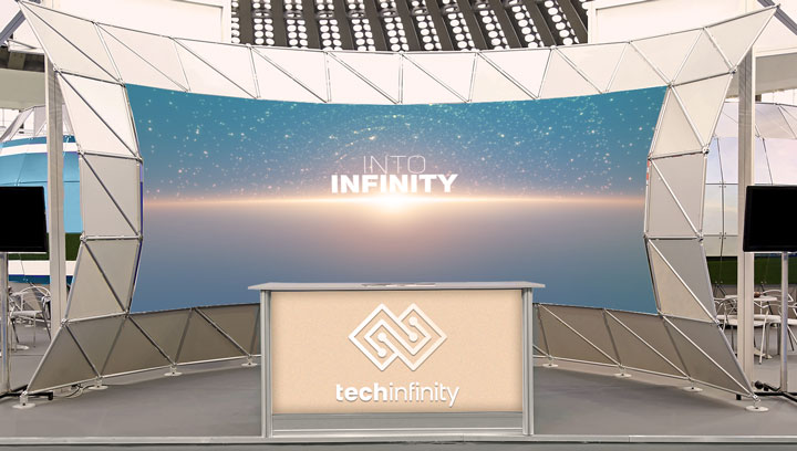 Techinfinity custom trade show signs displaying the brand name, logo, and promotional graphics