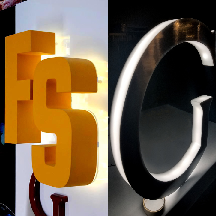 yellow reverse channel letters made of acrylic and aluminum versus a halo-lit sign