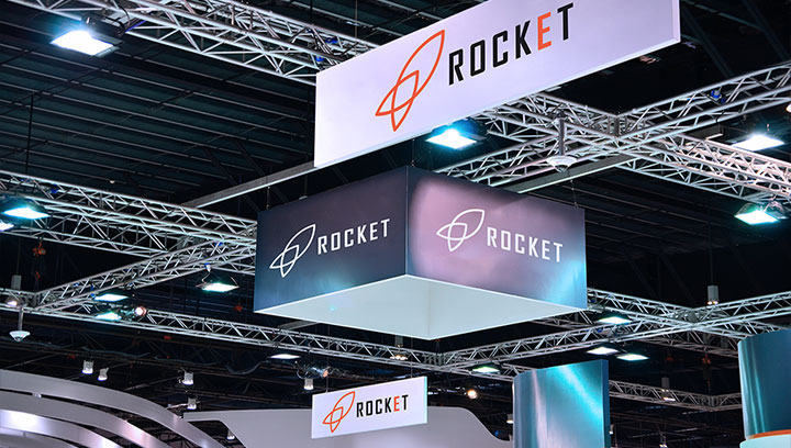 Rocket hanging trade show displays with the brand name and logo