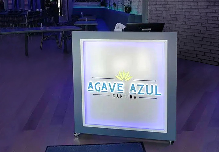 Agave Azul halo-lit sign made of aluminum and acrylic for restaurant front desk branding