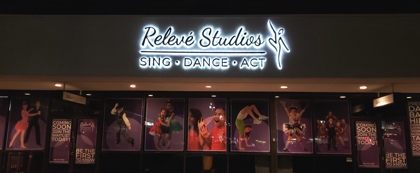 Releve Studios 3d backlit channel letters displaying the brand name made of aluminum