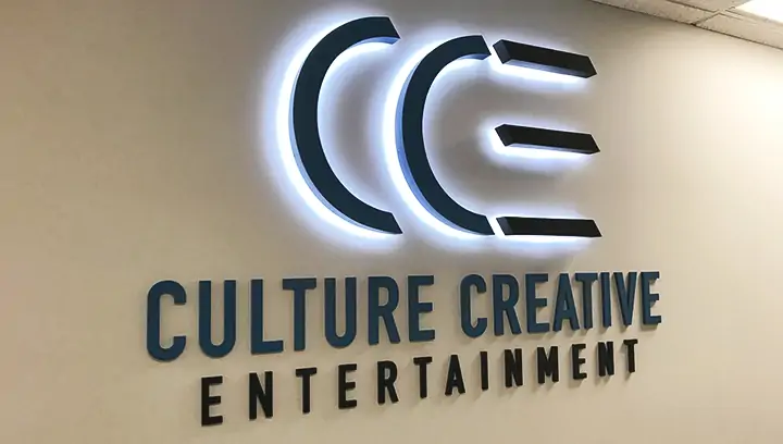 Backlit channel letters for CCE in office, made of aluminum and acrylic