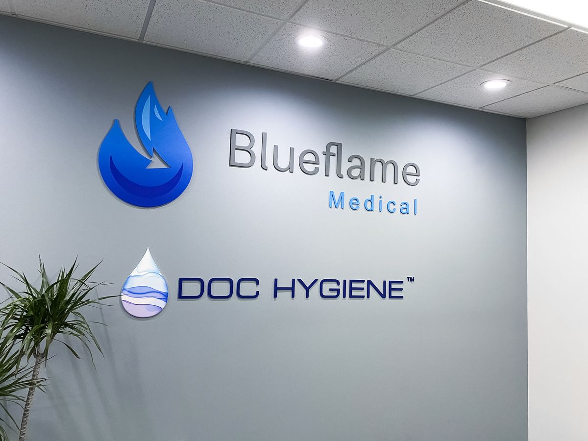 Blueflame Medical & Doc Hygiene 3d office sign custom-made of aluminum for interior branding