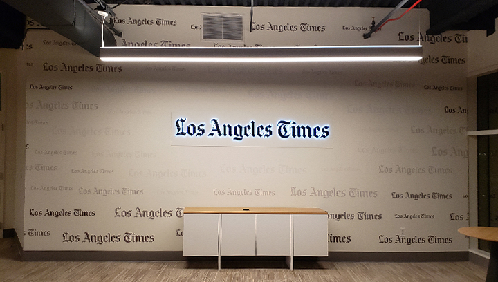 LA Times backer panel-mounted reverse channel letters made of aluminum and acrylic