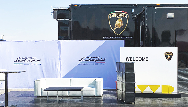 Lamborghini custom pop-up banners in white displaying the brand name made of fabric