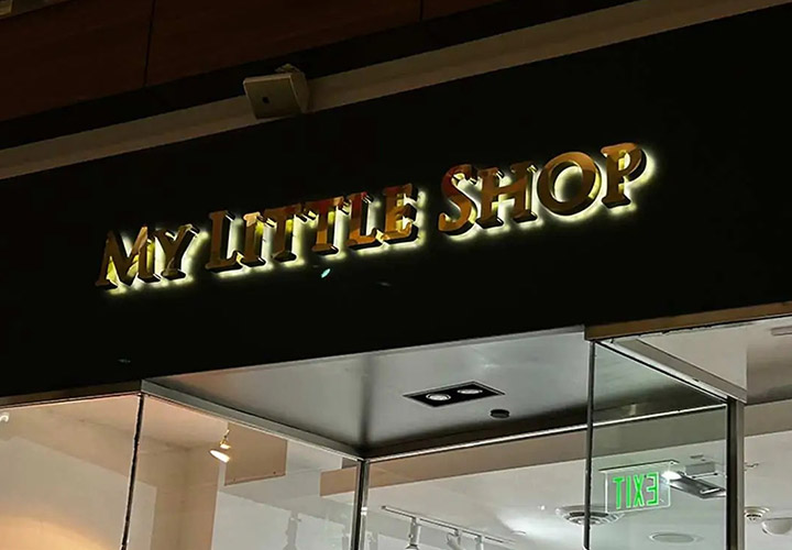 My Little Shop backlit letters made of Lexan and aluminum for facade branding
