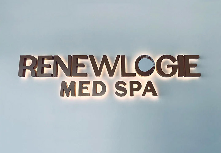 Renewlogie backlit letters displaying the brand name made of lexan and aluminum