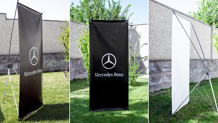 Mercedes Benz vertical X trade show banner stands in black made of vinyl