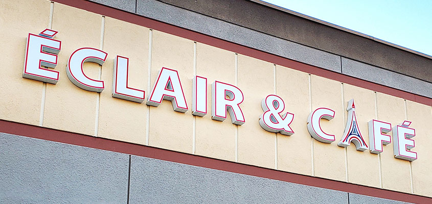 Direct mounted channel letter example from Eclair & Cafe