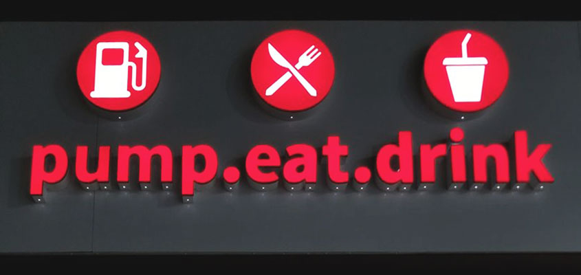 Pump.eat.drink standard 3D channel letter sign example 