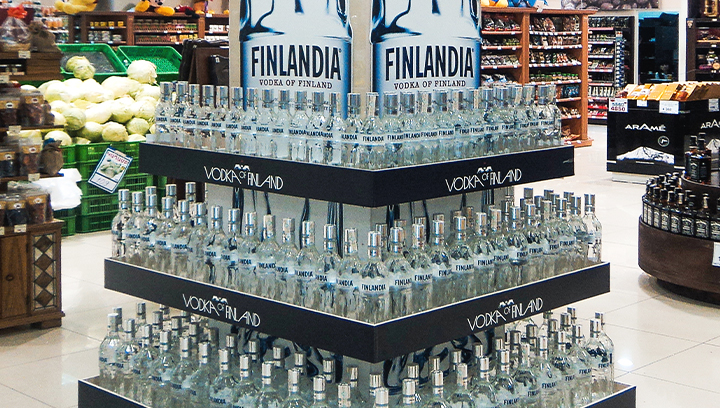 Vodka of Finland store POP display stand made of PVC, acrylic, and aluminum