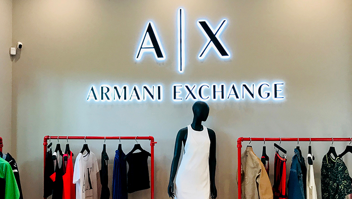 Armani Exchange lighted store sign displaying the brand name made of aluminum and acrylic