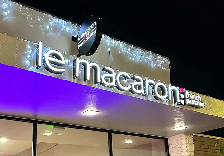 Le Macaron storefront signs in different styles made of lexan and aluminum for advertising